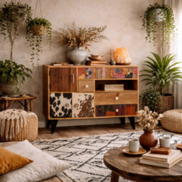 Wyld Haus Kokkola Quirky Pattern Reclaimed Wood Large Sideboard 3 Doors 4 Drawers - thumbnail 1