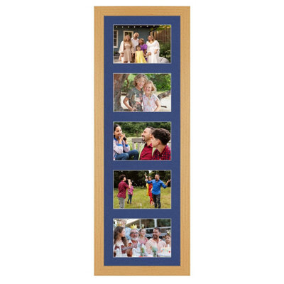 AK Frames 26X8 Country Pine Modern Multi Photo Frame With Blue Mount - Holds 5 Apertures (5X) 6X4 Photos - image 1