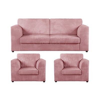 Furnishings For Less UK Luxor Jumbo Cord 3 + 1 + 1 Fabric 3 Piece Sofa Suite - Fullback Pink
