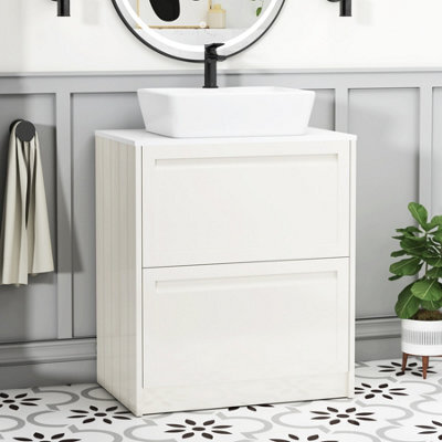 Royal Bathrooms Royal Bathroom Elmore 700mm Classic White Freestanding Bathroom Vanity Unit 2 Drawer Plain White Worktop With Cube Basin - image 1