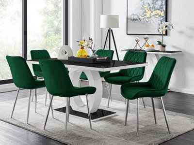 Furniturebox Giovani Rectangular 6 Seat White High Gloss Unique Halo Base Dining Table Black Glass Top 6 Green Velvet Silver Leg Pesaro Chairs - image 1