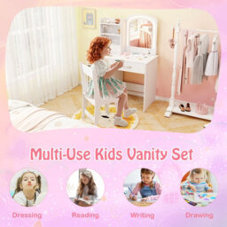 Costway Kids Vanity Set Princess Makeup Desk And Chair W/ Lighted Mirror-White - thumbnail 7