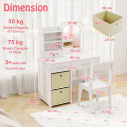 Costway Kids Vanity Set Princess Makeup Desk And Chair W/ Lighted Mirror-White - thumbnail 3