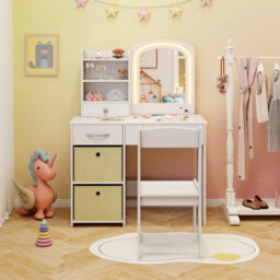 Costway Kids Vanity Set Princess Makeup Desk And Chair W/ Lighted Mirror-White