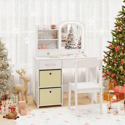 Costway Kids Vanity Set Princess Makeup Desk And Chair W/ Lighted Mirror-White - thumbnail 8