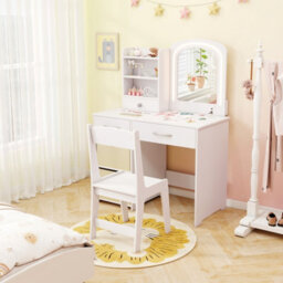 Costway Kids Vanity Set Princess Makeup Desk And Chair W/ Lighted Mirror-White - thumbnail 9