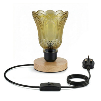 Ledsone Wooden Nightstand Lamp With Tea Brown Fluted Glass Shade E27 Plug In 2M Cable Inline Switch For Bedroom Or Living - image 1