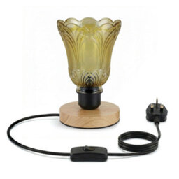Ledsone Wooden Nightstand Lamp With Tea Brown Fluted Glass Shade E27 Plug In 2M Cable Inline Switch For Bedroom Or Living - thumbnail 1