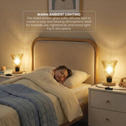 Ledsone Wooden Nightstand Lamp With Tea Brown Fluted Glass Shade E27 Plug In 2M Cable Inline Switch For Bedroom Or Living - thumbnail 5