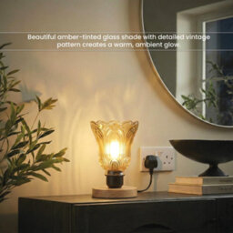 Ledsone Wooden Nightstand Lamp With Tea Brown Fluted Glass Shade E27 Plug In 2M Cable Inline Switch For Bedroom Or Living - thumbnail 3