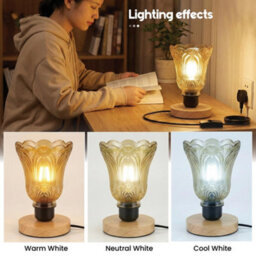 Ledsone Wooden Nightstand Lamp With Tea Brown Fluted Glass Shade E27 Plug In 2M Cable Inline Switch For Bedroom Or Living - thumbnail 2