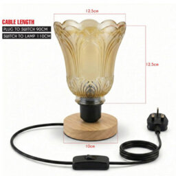 Ledsone Wooden Nightstand Lamp With Tea Brown Fluted Glass Shade E27 Plug In 2M Cable Inline Switch For Bedroom Or Living - thumbnail 9