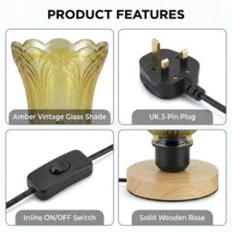 Ledsone Wooden Nightstand Lamp With Tea Brown Fluted Glass Shade E27 Plug In 2M Cable Inline Switch For Bedroom Or Living - thumbnail 8