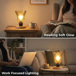 Ledsone Wooden Nightstand Lamp With Tea Brown Fluted Glass Shade E27 Plug In 2M Cable Inline Switch For Bedroom Or Living - thumbnail 7
