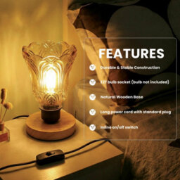 Ledsone Wooden Nightstand Lamp With Tea Brown Fluted Glass Shade E27 Plug In 2M Cable Inline Switch For Bedroom Or Living - thumbnail 6