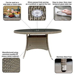 Dellonda Chester Round Rattan Outdoor Garden Dining Table, Glass, 135Cm, Brown - thumbnail 4