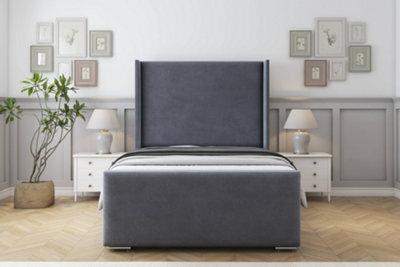 "Sloomy Devonshire Steel Plush Bed Frame With Mattress With 50""  Upholstered Wingback Headboard 2'6 Small Single" - image 1