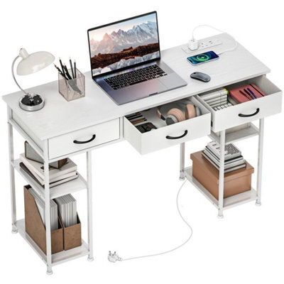White Computer Writing Desk With Power Sockets, Drawers & Storage Shelves - image 1