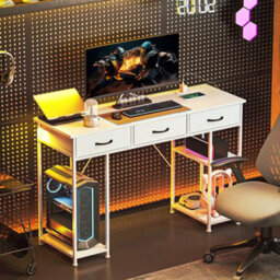 White Computer Writing Desk With Power Sockets, Drawers & Storage Shelves - thumbnail 6