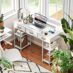 White Computer Writing Desk With Power Sockets, Drawers & Storage Shelves - thumbnail 3