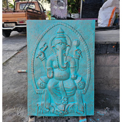 Large Turquoise Ganpati Iron Frame Wall Art 0.7X1M Decor - image 1