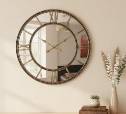 Deenz Circular Beaded Edge Silent Wall Clock Vintage Brass Finish Roman Numeral Double Row Ornate Gold Mirrored Face Indoor 50 Cm - thumbnail 1