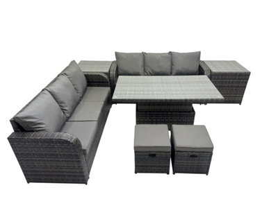 Fimous Rattan Garden Furniture Set 8-Seater Patio Height Adjustable Rising Lifting Table Sofa Set With 2 Side Table 2 Small Stools - image 1