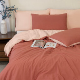 MHG Living Reversible 100% Cotton Duvet Cover Set With Pillowcases - Soft & Breathable Terracotta Bedding, Button Closure - Single