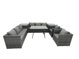 Fimous Rattan Dining Table Sofa Set With Armchair 2 Side Tables Outdoor 8 Seat Garden Furniture Set Dark Grey Mixed - thumbnail 2