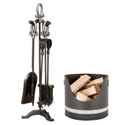 Dibor Pewter Handled Free Standing Companion Set With Black And Nickel Log Bucket
