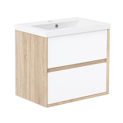 AVER-GROWTH Bathroom Vanity Unit With Wash Basin Resin Matt White Oak 600mm 2 Drawers - image 1