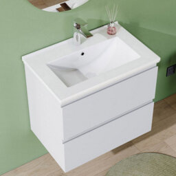 AVER-GROWTH 600mm Wall Hung Vanity Unit With Basin Matt White Ceramic Sink Bathroom Wall Mounted Storage Cabinet Soft Close Hinges 2 Drawers - thumbnail 1