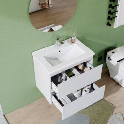 AVER-GROWTH 600mm Wall Hung Vanity Unit With Basin Matt White Ceramic Sink Bathroom Wall Mounted Storage Cabinet Soft Close Hinges 2 Drawers - thumbnail 3