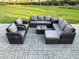 Fimous High Back Rattan Garden Furniture Set With Coffee Table Big Footstool Side Table Patio Lounge Sofa Set Dark Grey Mixed - thumbnail 2
