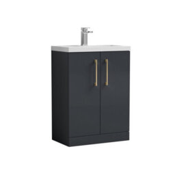Balterley Level Compact Bathroom Cloakroom Vanity Basin Unit With Polymarble Basin, Brushed Brass Handles, 600mm, Satin Dark Grey