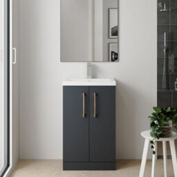 Balterley Level Compact Bathroom Cloakroom Vanity Basin Unit With Polymarble Basin, Brushed Brass Handles, 600mm, Satin Dark Grey - thumbnail 2