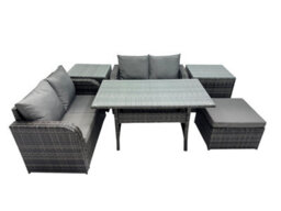 Fimous Wicker Pe Rattan Garden Outdoor Furniture Set Love Sofa Dining Table Sets With 2 Side Table Big Stool Dark Grey Mixed - thumbnail 2