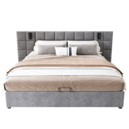 Matteo Super King Ottoman Bed Frame, Grey Velvet Upholstered With Hydraulic Storage, Wide Headboard, Usb & Reading Light - thumbnail 8