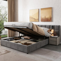 Matteo Super King Ottoman Bed Frame, Grey Velvet Upholstered With Hydraulic Storage, Wide Headboard, Usb & Reading Light - thumbnail 1
