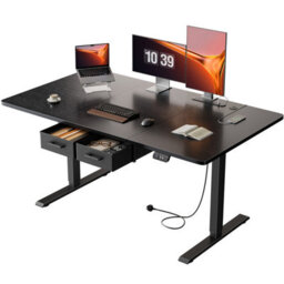 Electric Standing Desk With Power Outlets, 140 X 80 Cm Sit Stand Desk With 2 Drawers, Usb Ports, Height Adjustable, Black