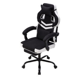 Living And Home Black And White Height-Adjustable Ergonomic Reclining Gaming Chair With Massage Lumbar Support & Footrest - thumbnail 2