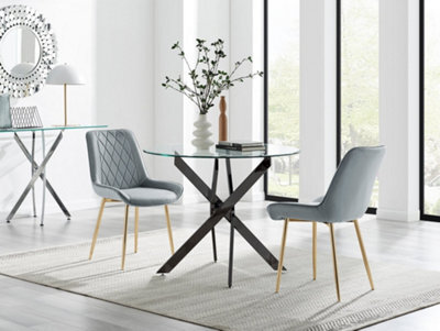 Furniturebox Uk Novara 100Cm Round Black Leg Dining Table & 2 Grey Pesaro Gold Leg Chairs - image 1