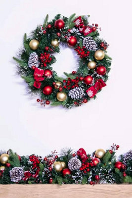 Christmas Tree World 50Cm Decorated Mixed Pine Wreath With Red & Gold Baubles - image 1