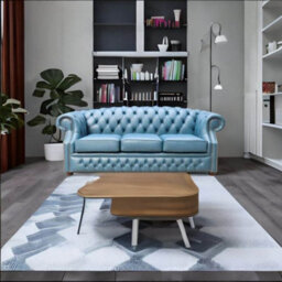 Chesterfield 3 Seater Sofa Shelly Majolica Blue Leather In Buckingham Style - thumbnail 6