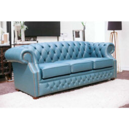 Chesterfield 3 Seater Sofa Shelly Majolica Blue Leather In Buckingham Style - thumbnail 4