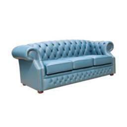 Chesterfield 3 Seater Sofa Shelly Majolica Blue Leather In Buckingham Style - thumbnail 3