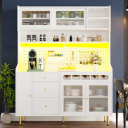 Btm Highboard 145X39X171Cm With Led And Wine Rack, Adjustable Shelves, Freestanding Cabinet, White - thumbnail 4
