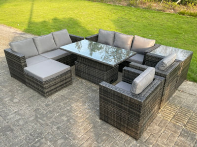 Fimous 9 Seater Outdoor Rattan Garden Furniture Adjustable Rising Lifting Table With Side Table Chairs Footstool Dark Grey Mixed - image 1