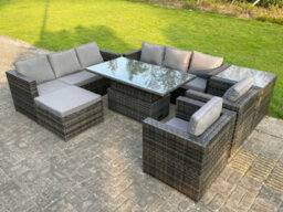 Fimous 9 Seater Outdoor Rattan Garden Furniture Adjustable Rising Lifting Table With Side Table Chairs Footstool Dark Grey Mixed - thumbnail 1