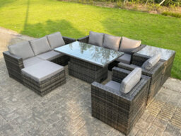 Fimous 9 Seater Outdoor Rattan Garden Furniture Adjustable Rising Lifting Table With Side Table Chairs Footstool Dark Grey Mixed - thumbnail 2